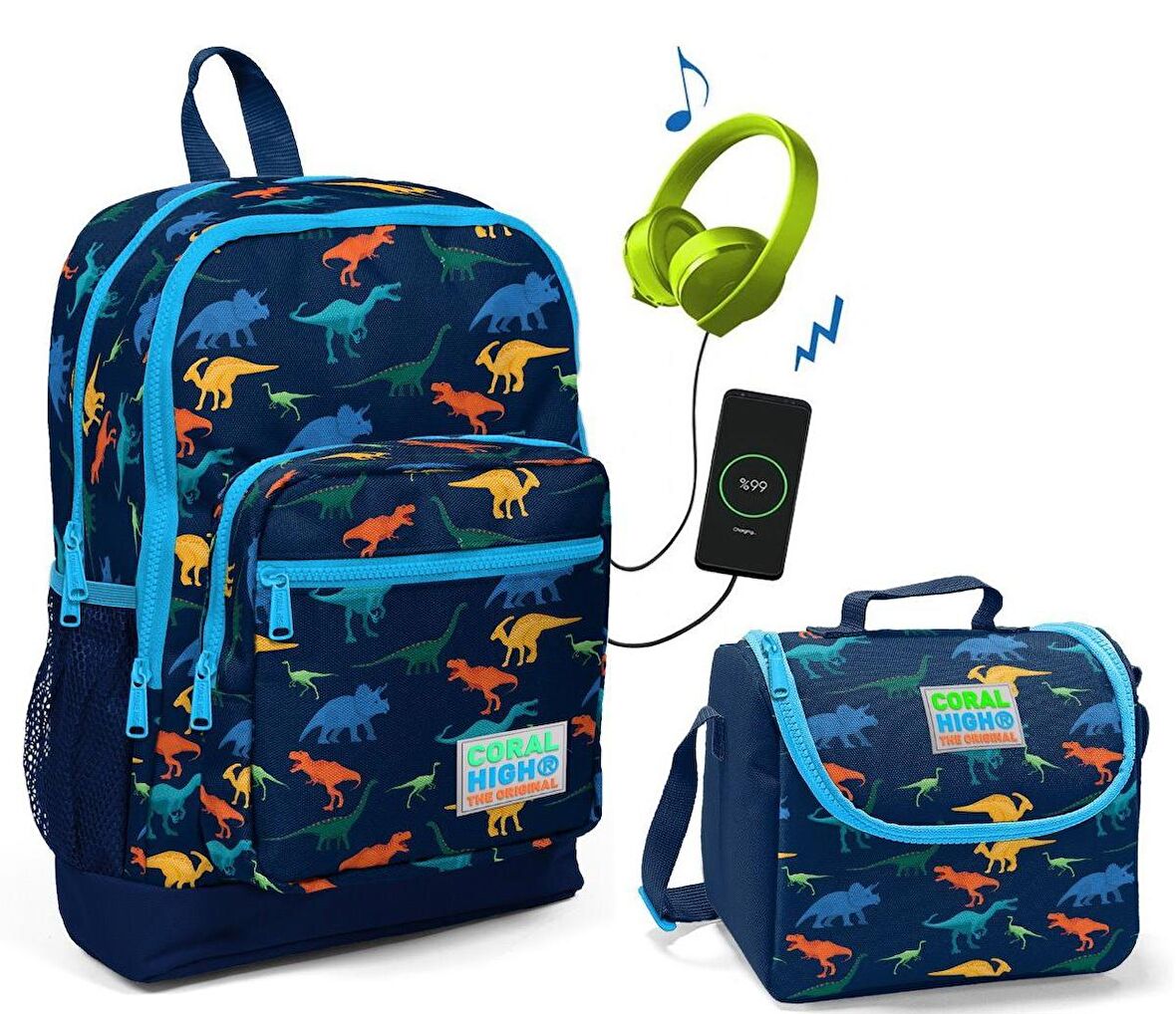 Coral High Dinazor Baskılı Okul Çantası ve Beslenme Çantası Seti - Erkek Çocuk - USB Soketli
