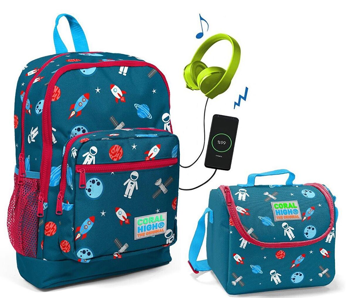 Coral High Astronot Baskılı Okul Çantası ve Beslenme Çantası Seti - Erkek Çocuk - USB Soketli