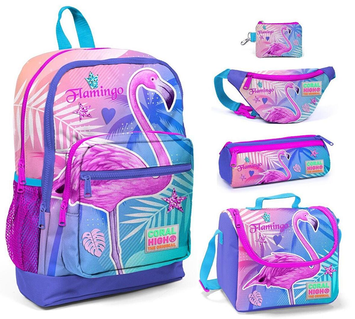 Coral High Pembe Flamingo Baskılı 5'li İlkokul Çanta Seti