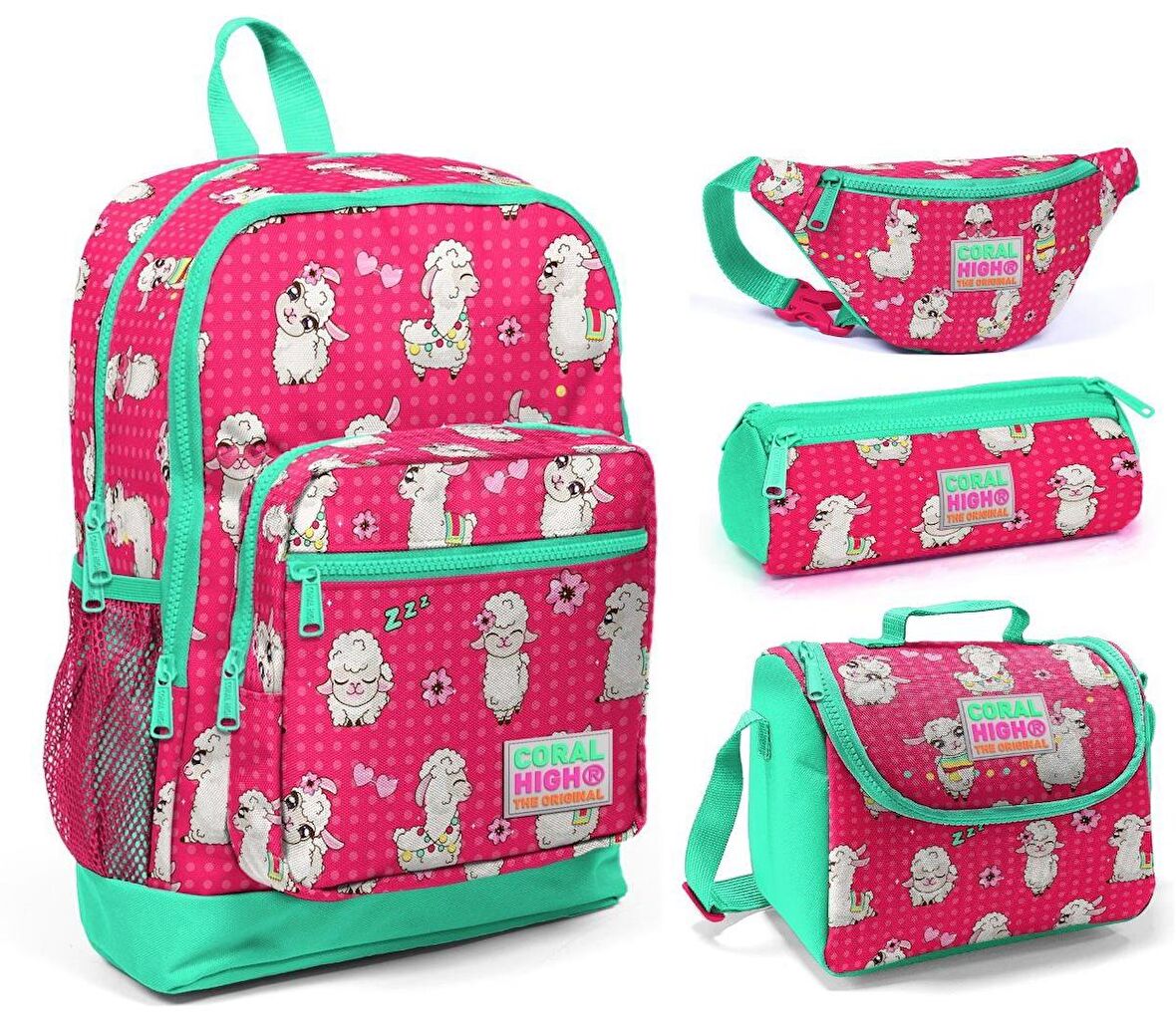 Coral High Lama Baskılı Kız Çocuk 4'lü İlkokul Çanta Seti