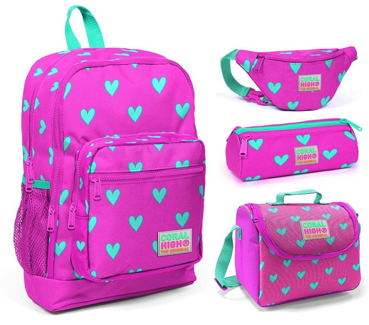 Coral High Pembe Kalp Baskılı Kız Çocuk 4'lü İlkokul Çanta Seti