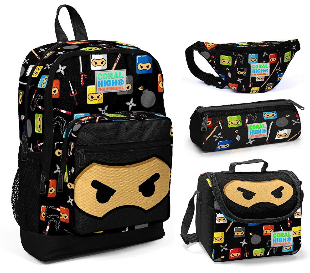 Coral High Ninja Baskılı Erkek Çocuk 4'lü İlkokul Çanta Seti