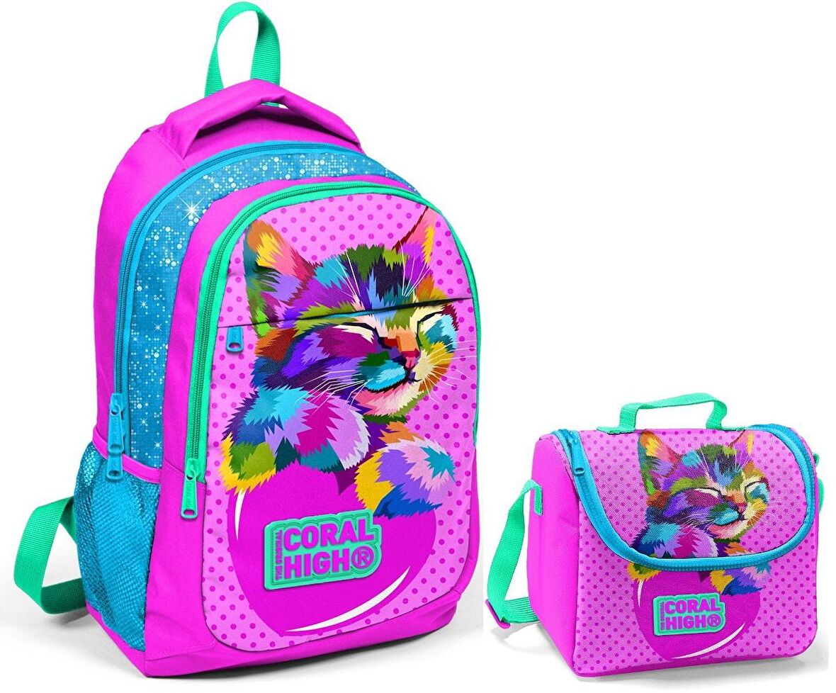 Coral High Kız Çocuk Pembe Kedi Okul Sırt Çantası ve Beslenme Çantası