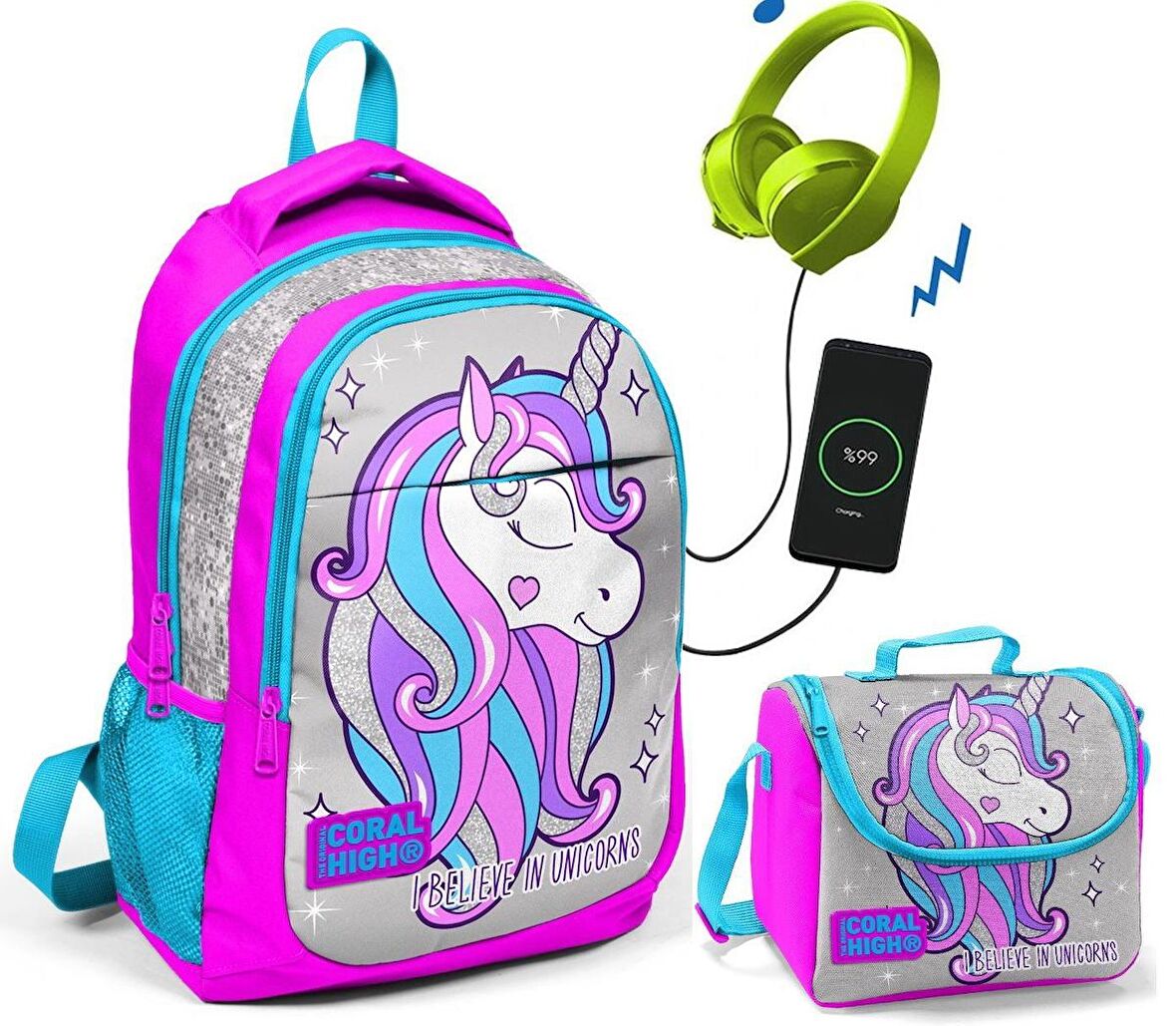 Coral High Pembe Unicorn Okul ve Beslenme Çantası - Kız Çocuk  - USB Soketli