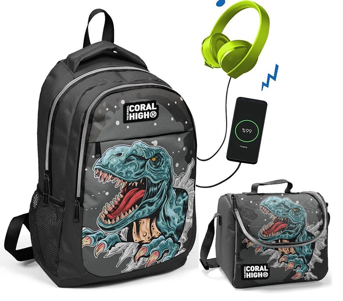 Coral High Dinazor Baskılı Okul ve Beslenme Çantası - Erkek Çocuk  - USB Soketli