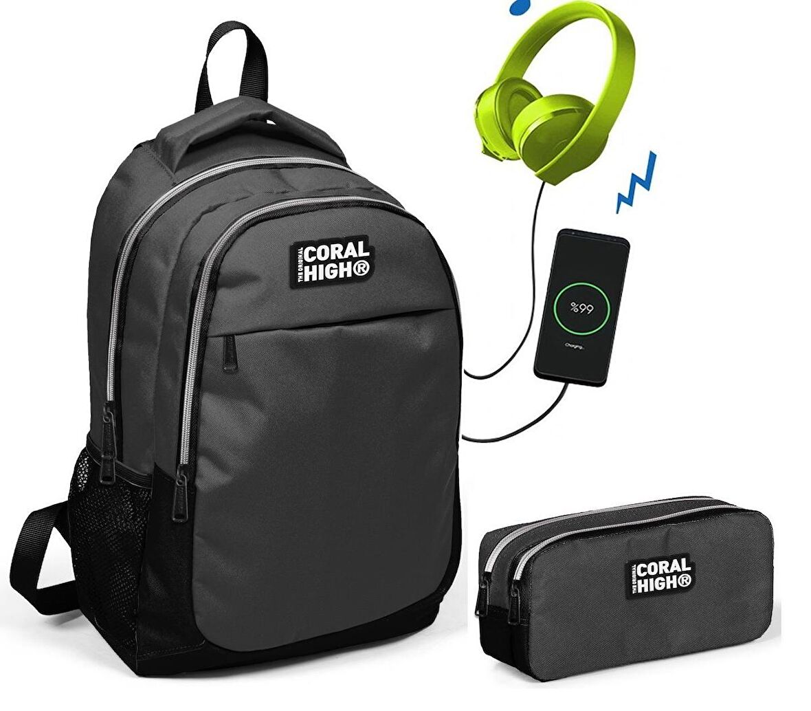 Coral High Siyah-Gri Erkek Çocuk İlkokul Çantası ve Kalemlik Seti - USB Soketli