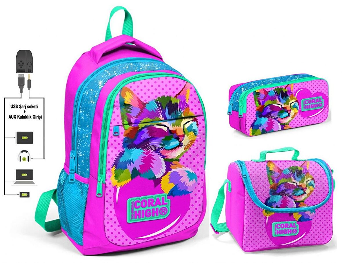 Coral High Kız Çocuk Pembe Sevimli Kedi 3'lü Çanta Takımı - USB Soketli