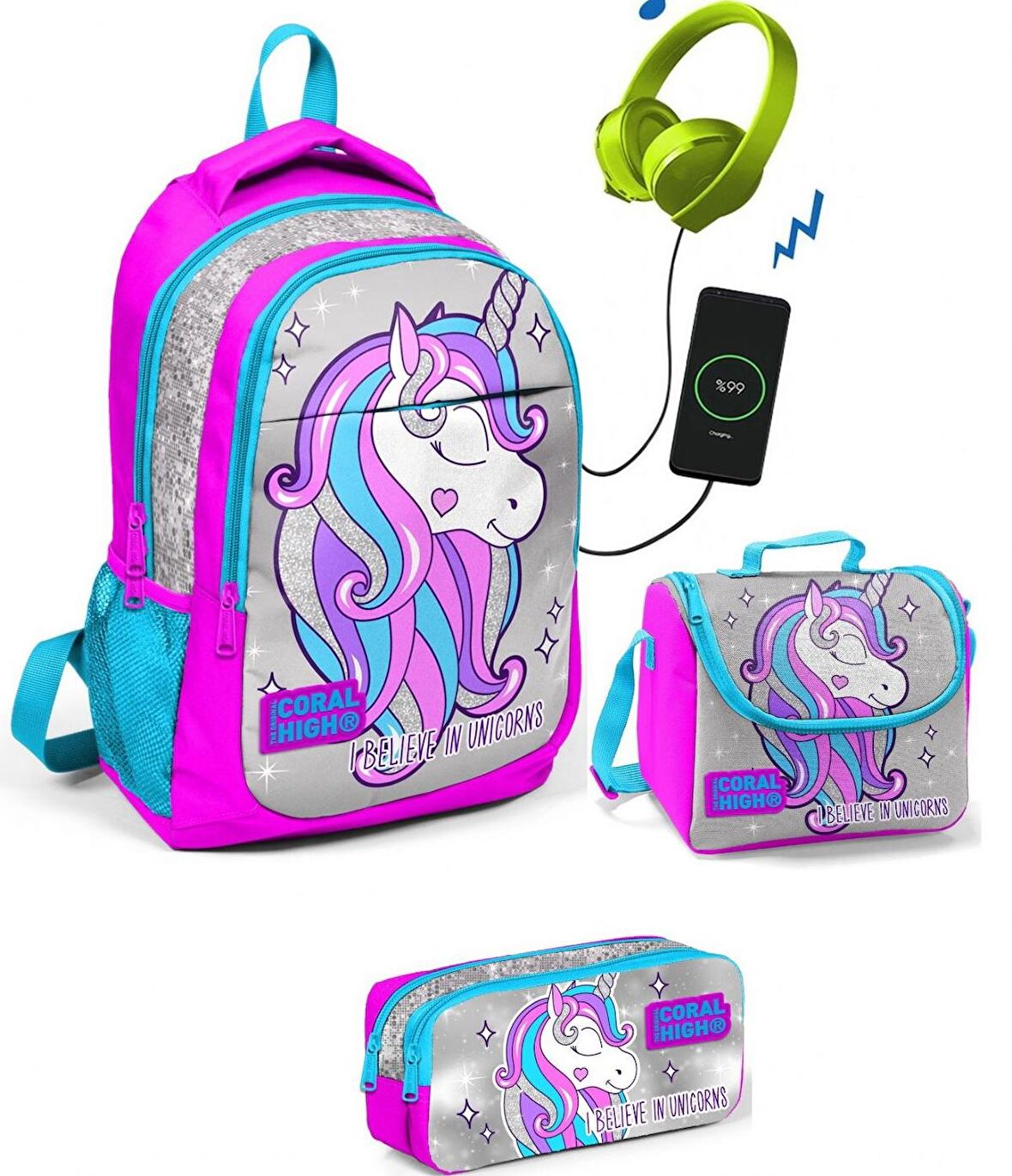 Coral High Kız Çocuk Pembe Unicorn 3'lü Çanta Takımı - USB Soketli