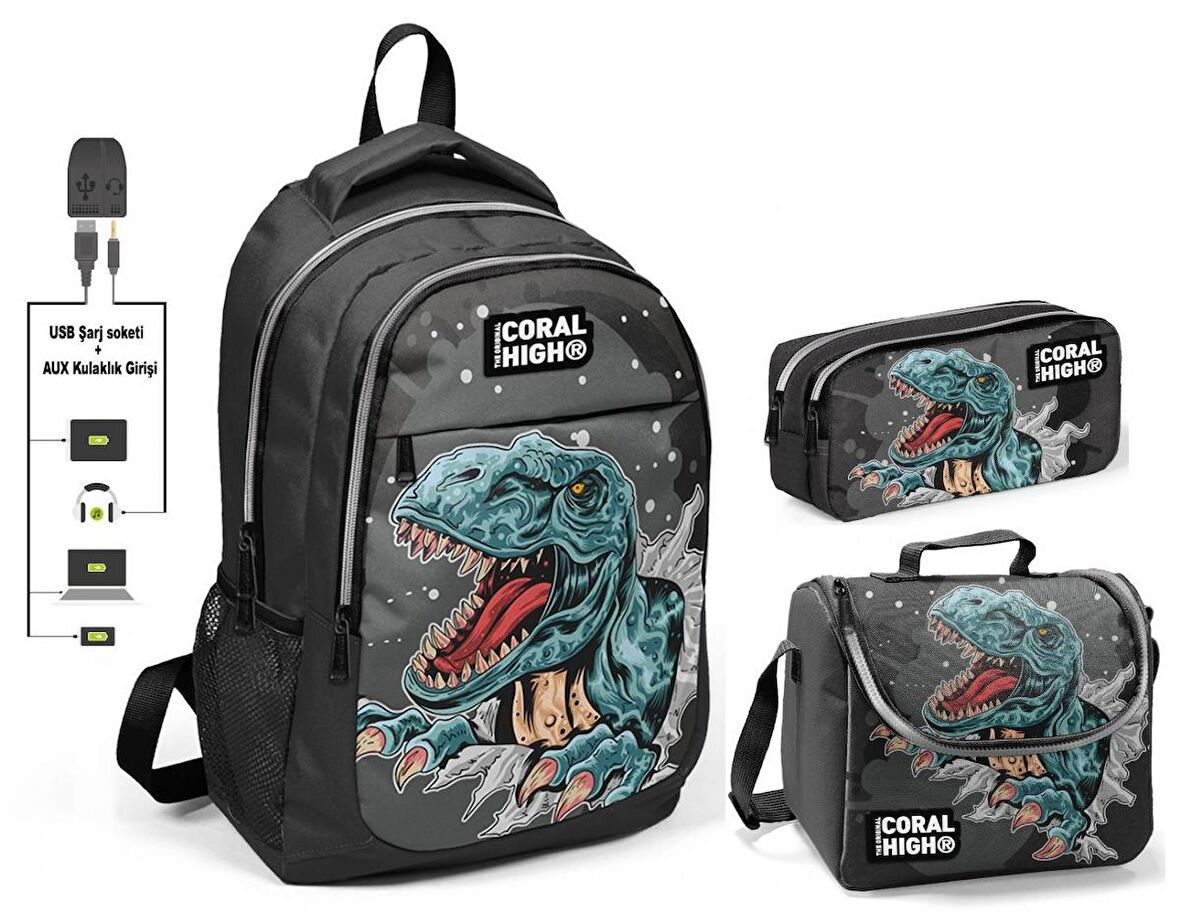 Coral High Erkek Çocuk Dinazor Desenli 3'lü Çanta Takımı - USB Soketli