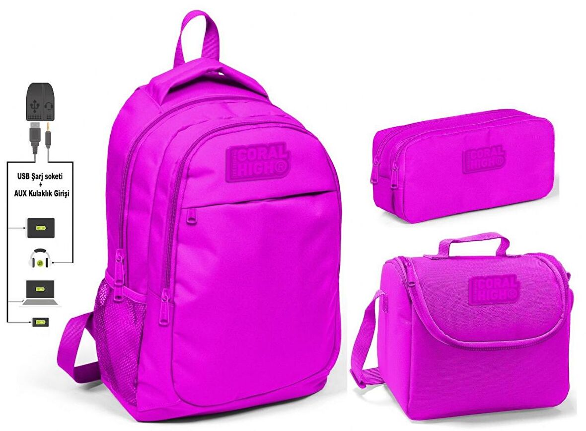 Coral High Kız Çocuk Koyu Pembe 3'lü Çanta Takımı - USB Soketli