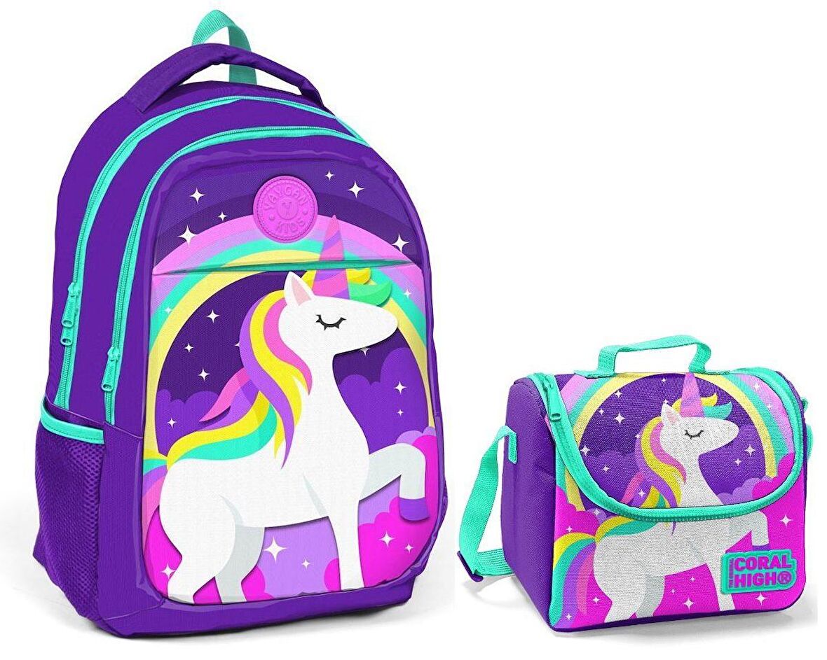Coral High Kız Çocuk Mavi Unicorn Okul Sırt Çantası ve Beslenme Çantası