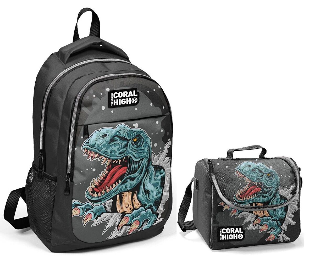 Coral High Erkek Çocuk Gri Dinazor Baskılı Okul Sırt Çantası ve Beslenme Çantası