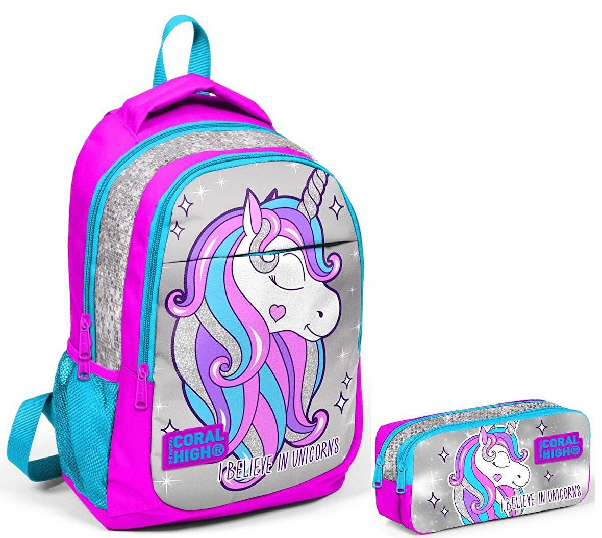 Coral High Pembe Unicorn Kız Çocuk İlkokul Çantası ve Kalemlik Seti