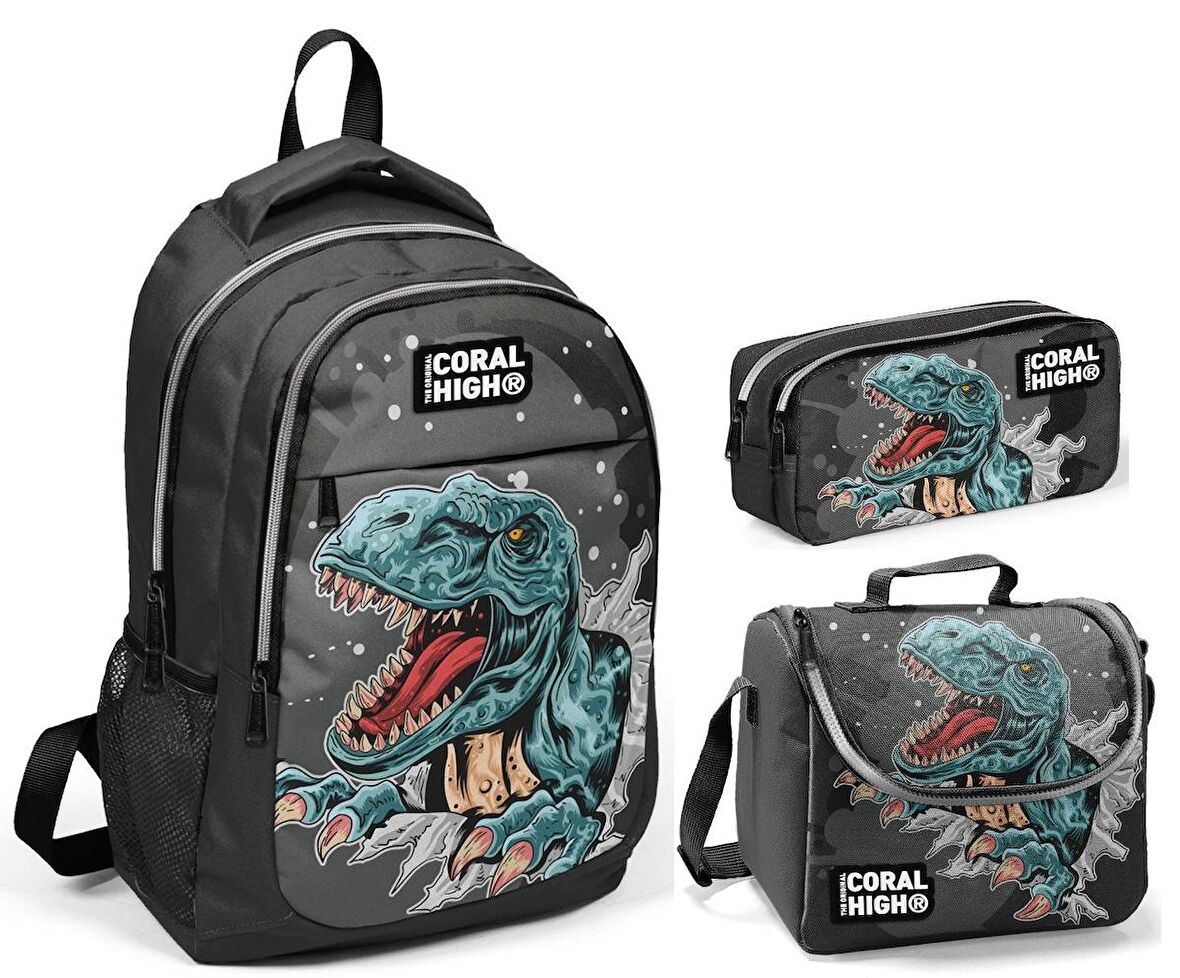 Coral High Dinazor Baskılı Erkek Çocuk İlkokul Çanta Seti - Sırt Çantası+Beslenme+Kalemlik