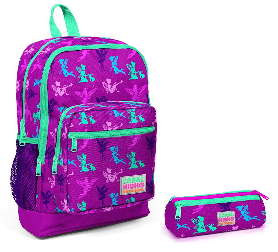 Coral High Kız Çocuk Peri Baskılı İlkokul Çantası ve Kalemlik Takım - Mor/Yeşil