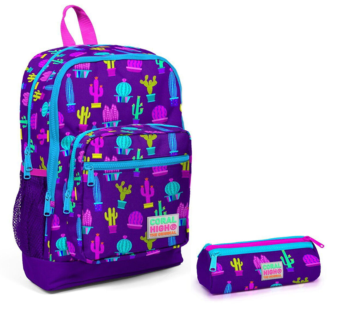 Coral High Kaktüs Baskılı Kız Çocuk İlkokul Sırt Çantası ve Kalemlik Seti