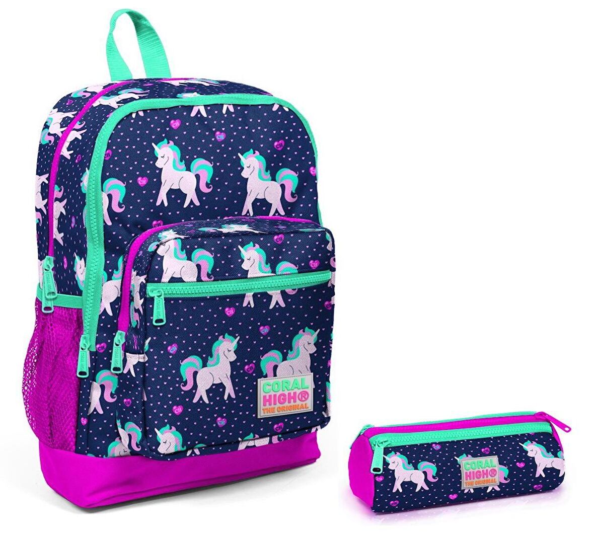 Coral High Tekboynuz Kız Çocuk OKul Çantası ve Kalemlik Seti - Mor/Pembe