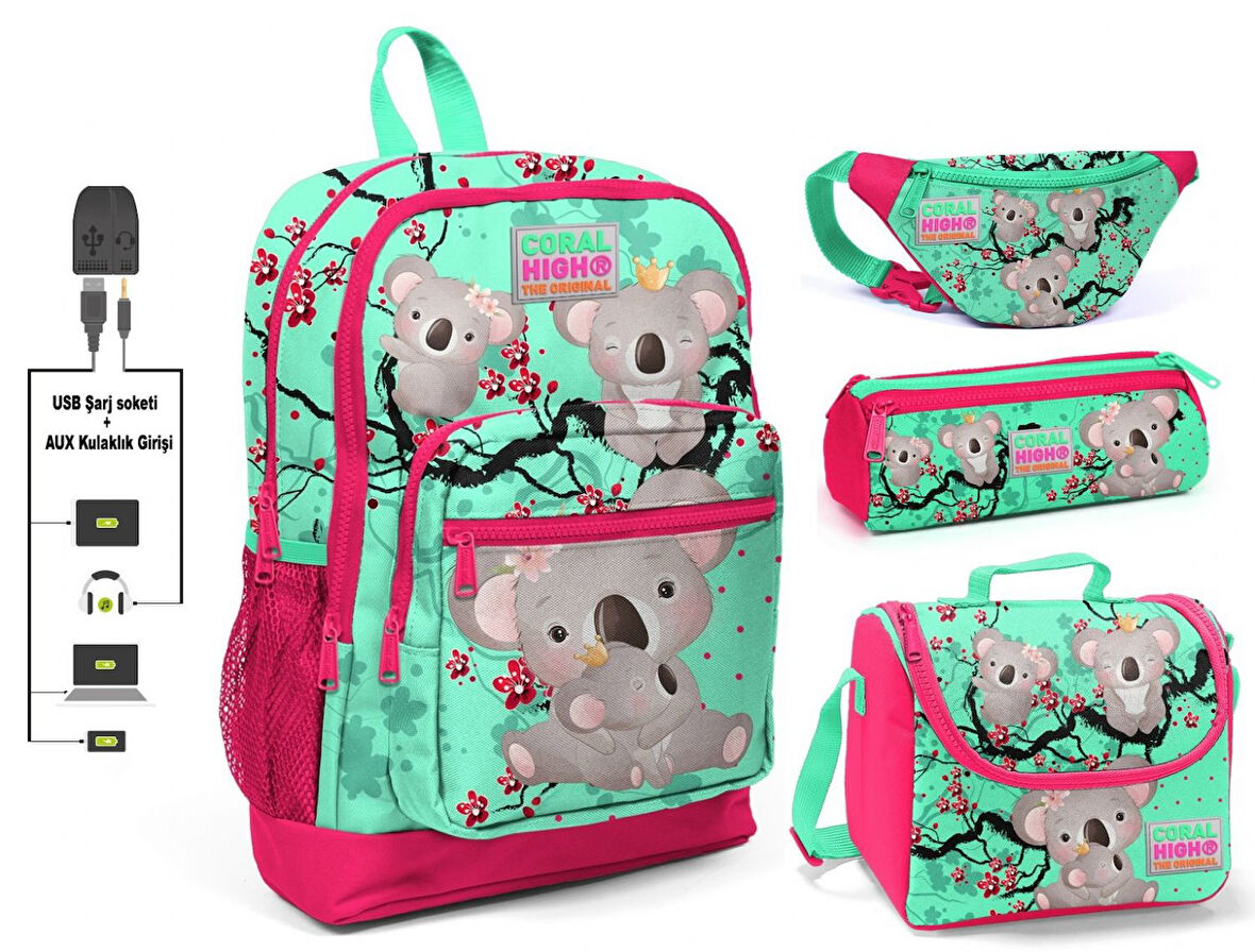 Coral High Yeşil Koala Baskılı 4'lü Kız Çocuk İlkokul Çanta Seti - USB Soketli