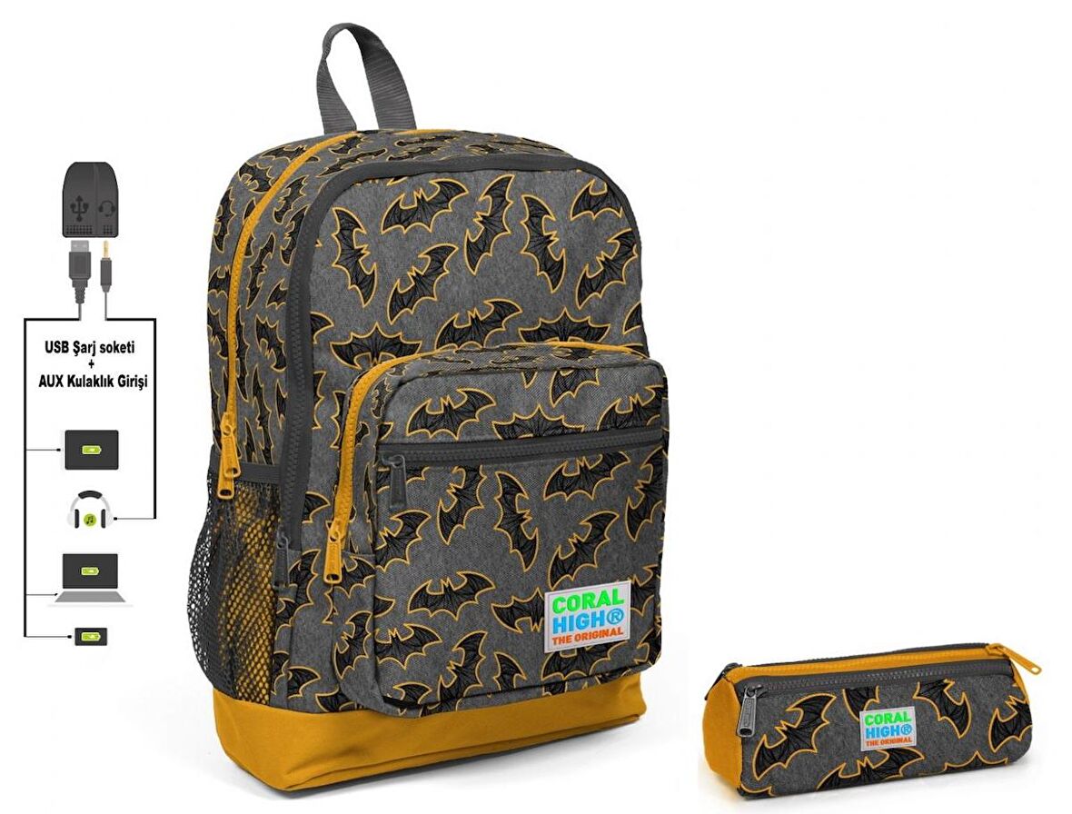 Coral High Yarasa Baskılı İlkokul Sırt Çantası ve Kalemlik Seti - Erkek Çocuk - USB Soketli