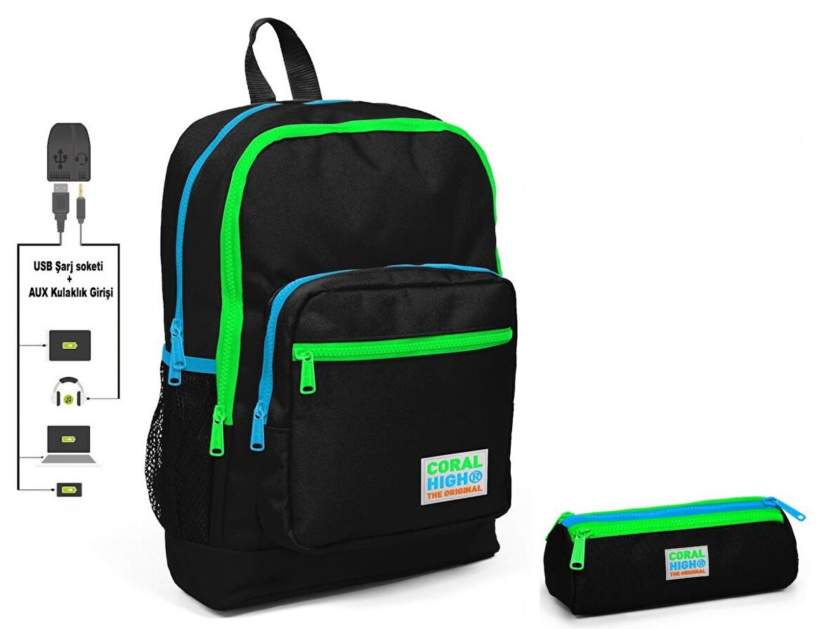 Coral High Siyah İlkokul Sırt Çantası ve Kalemlik Seti - Erkek Çocuk - USB Soketli