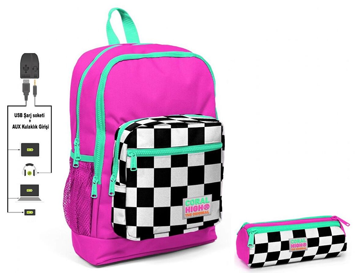 Coral High Pembe Damalı İlkokul Sırt Çantası ve Kalemlik Seti - Kız Çocuk - USB Soketli