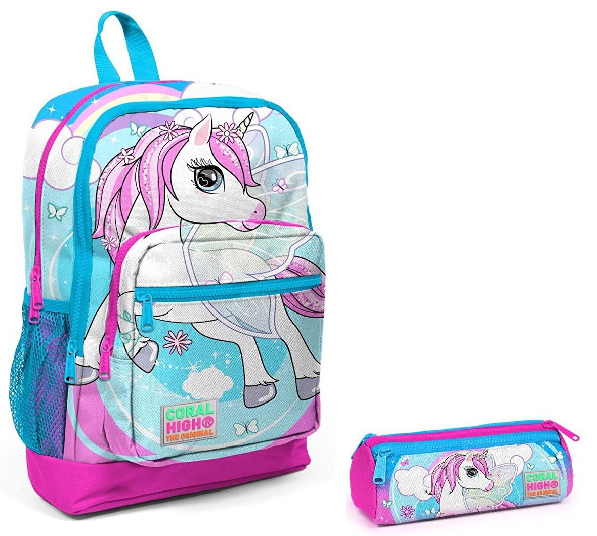 Coral High İlkokul Sırt Çantası ve Kalemlik Seti - Mavi Unicorn Baskılı