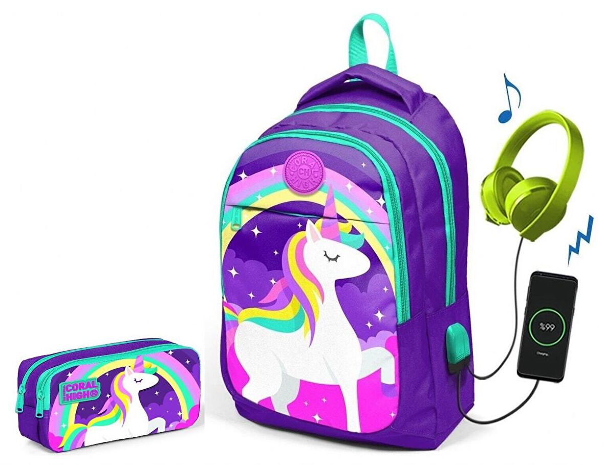 Coral High Kids Mor Unicorn Kız Çocuk İlkokul Çantası ve Kalemlik Seti - USB Soketli