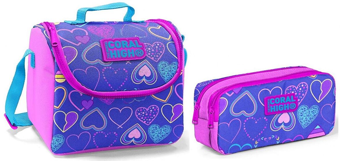 Coral High Beslenme Çantası ve Kalemlik Takım -Pembe - Mor - Kalp - Kız Çocuk