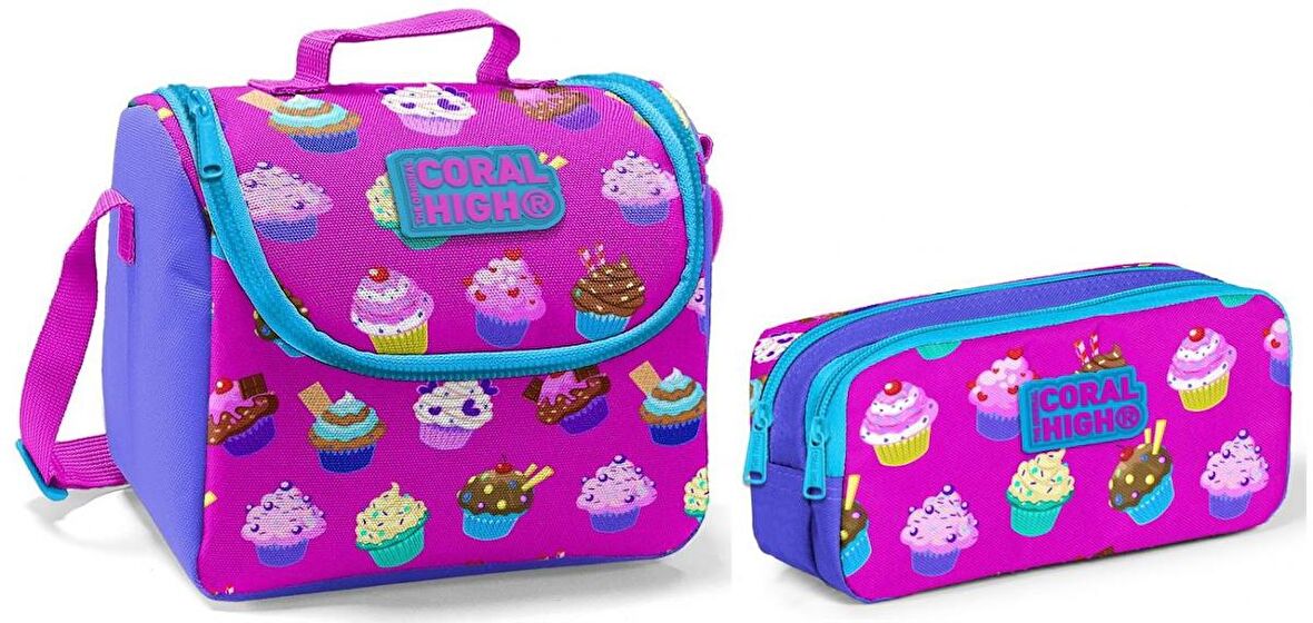 Coral High Beslenme Çantası ve Kalemlik Takım - Pembe - Cupcake - Kız Çocuk