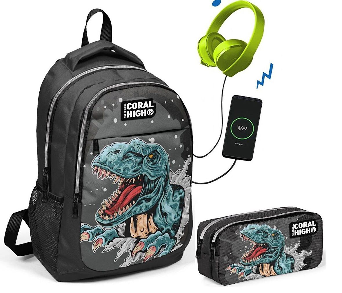 Coral High Erkek Çocuk Dinazor İlkokul Çantası ve Kalem Çantası Seti
