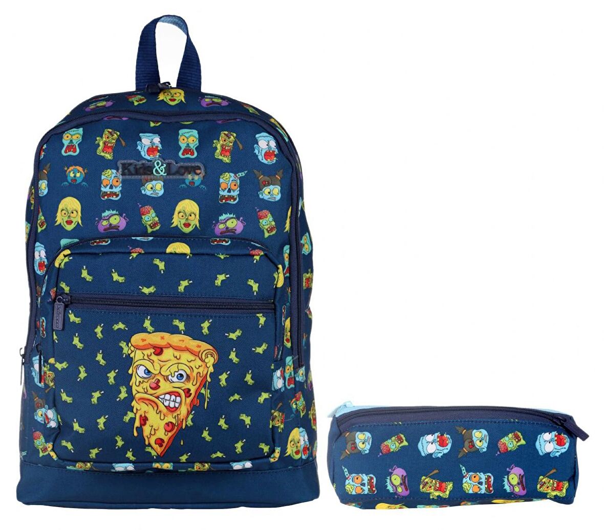 Kaukko Kids&Love Lacivert Zombie Pizza İlkokul Çanta ve Kalemlik Seti - Erkek Çocuk