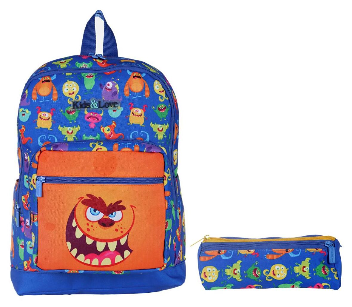Kaukko Kids&Love Mavi Sevimli Canavarlar İlkokul Çanta ve Kalemlik Seti - Erkek Çocuk