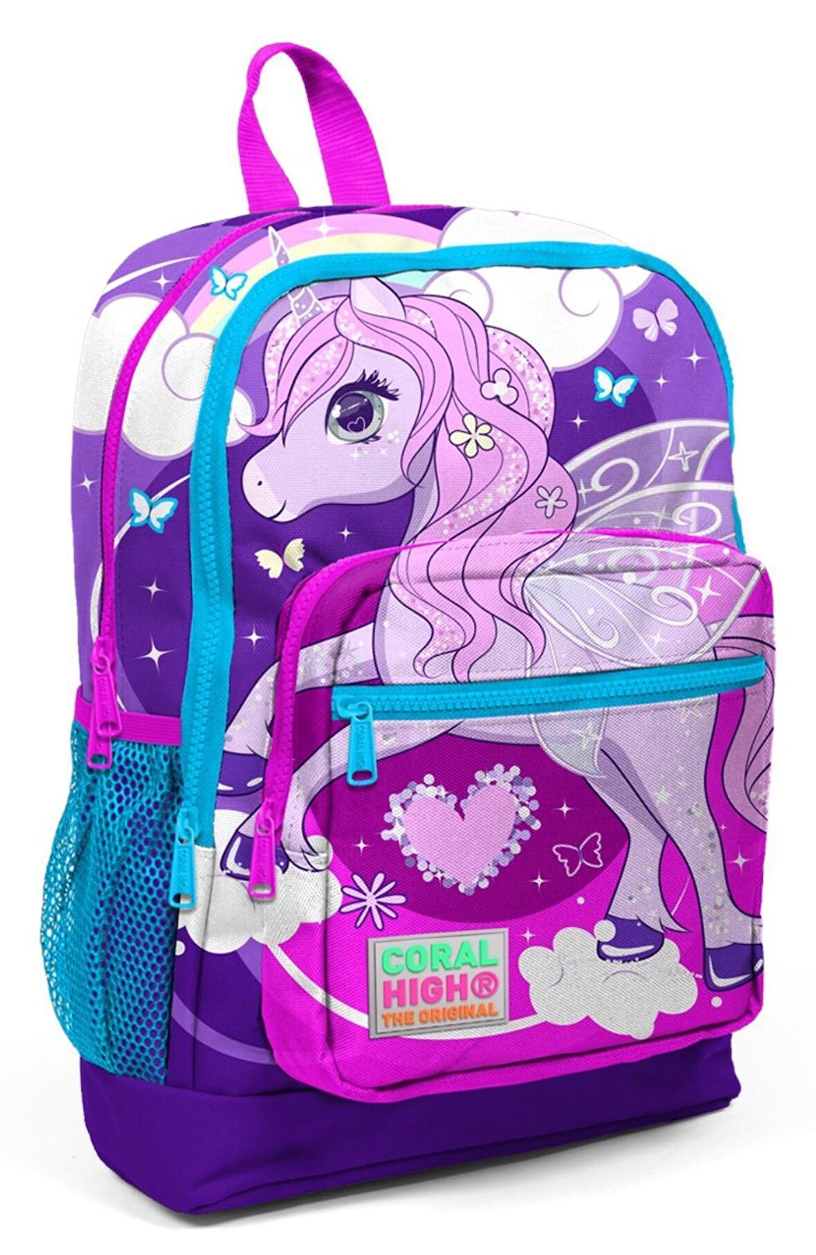 Coral High Mor-Pembe Unicorn Baskılı İlkokul ve Günlük Sırt Çantası