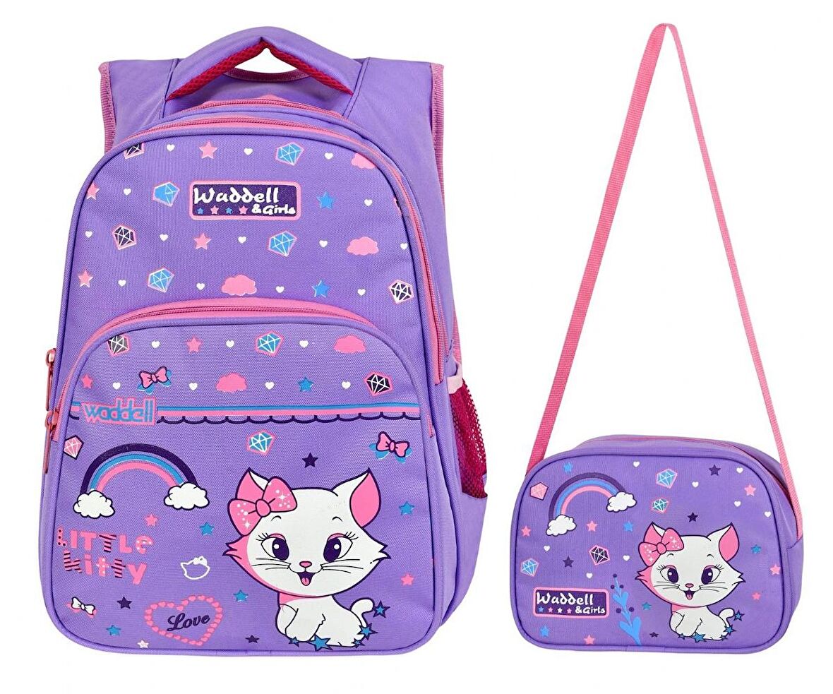 WaddellBag Kız Çocuk Mor Little Kitty İlkokul Sırt Çantası Tatlı Kedi Okul Çantası