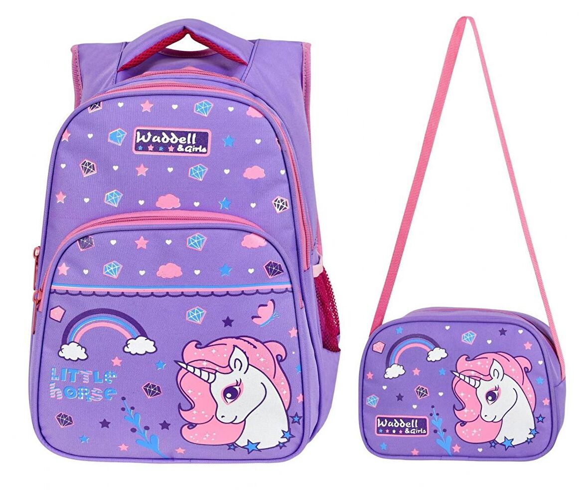 WaddellBag Kız Çocuk Mor Unicorn İlkokul Sırt Çantası ve Beslenme Çantası