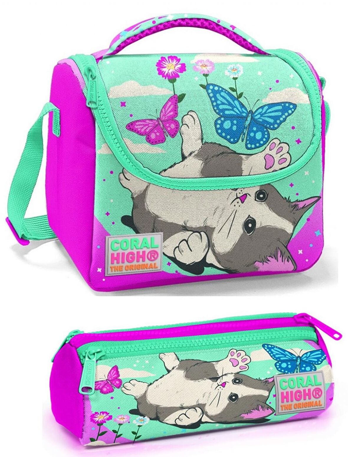 Coral High Kız Çocuk Pembe Yeşil Kedi Beslenme Çantası Seti
