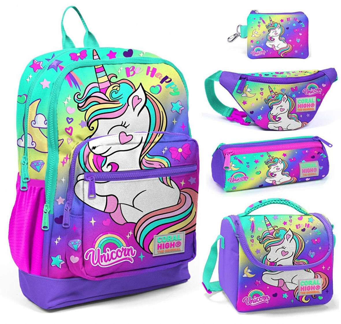 Coral High Su Yeşili Lavanta Unicorn Beşli Okul ve Günlük Çanta Seti