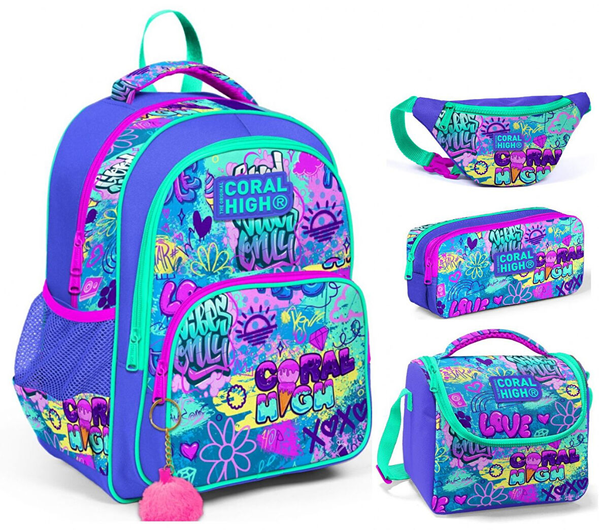 Coral High Lavanta Grafiti Kız Çocuk Üçlü Okul Çantası ve Bel Çantası Seti