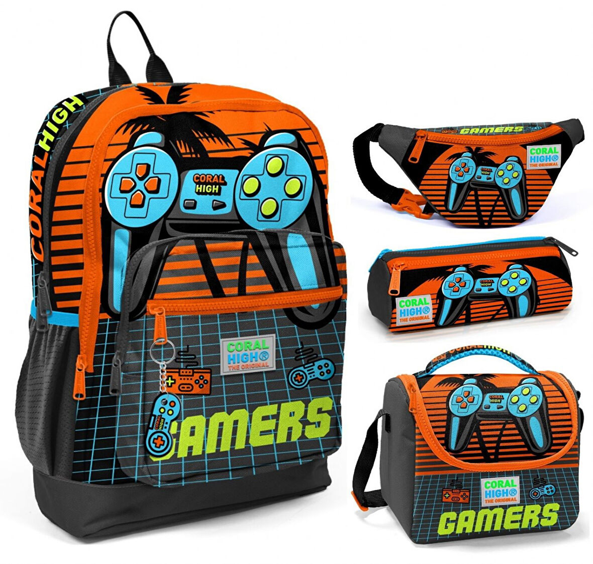 Coral High Turuncu Gamers Üçlü Okul Çantası ve Bel Çantası Seti