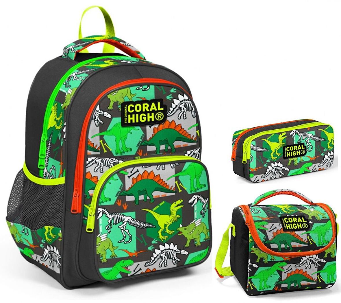 Coral High Yeşil Dinazor Erkek Çocuk Üçlü İlkokul Okul Çanta Seti