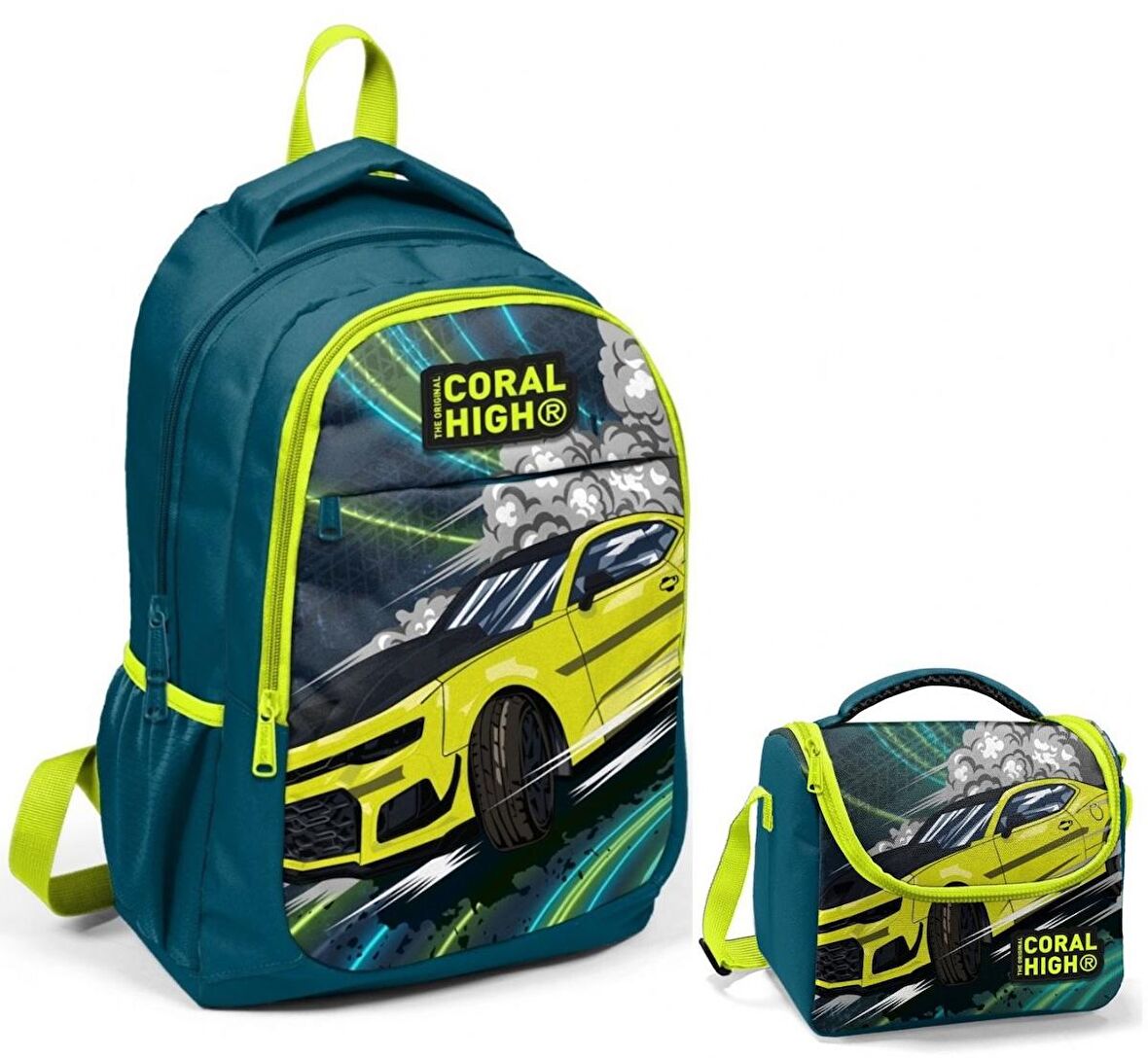 Coral High Nefti Sarı Araba Okul Sırt ve Beslenme Çantası Seti