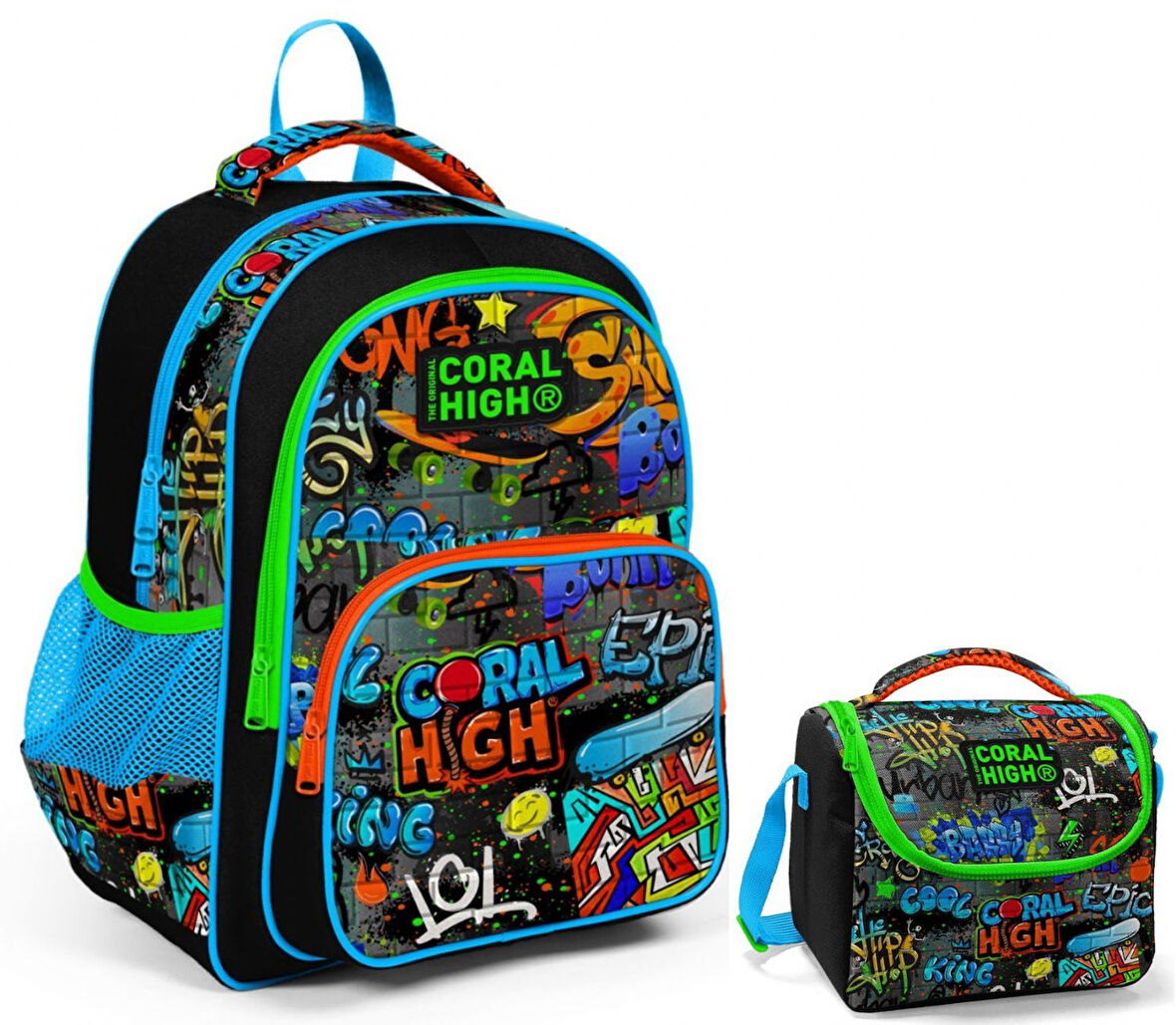 Coral High Siyah Grafiti Erkek Çocuk İlkokul Çantası ve Beslenme Çantası Seti
