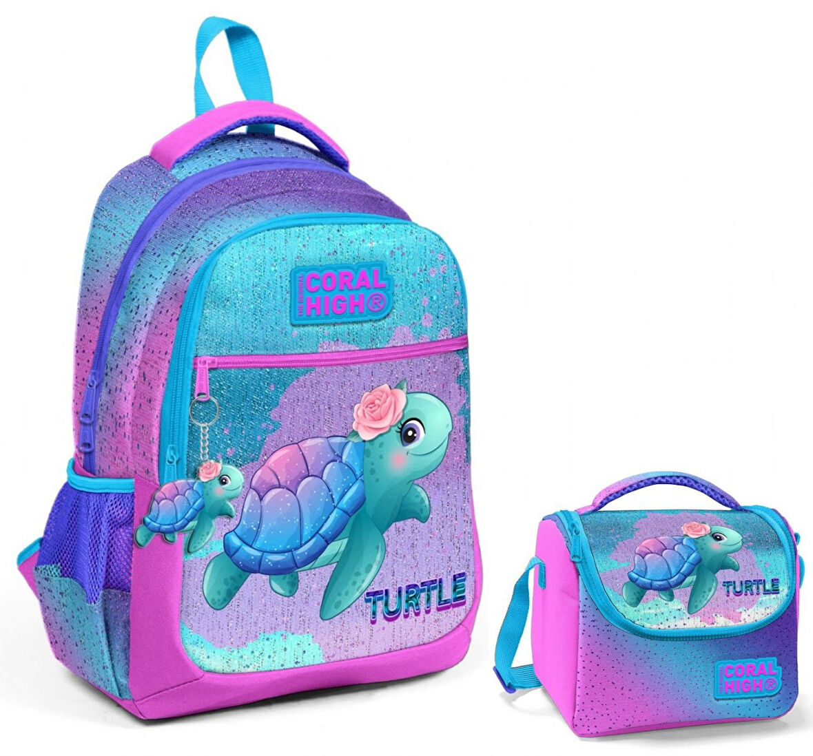 Coral High Pembe Mavi Kaplumbağa Okul Sırt ve Beslenme Çantası Seti - Kız Çocuk