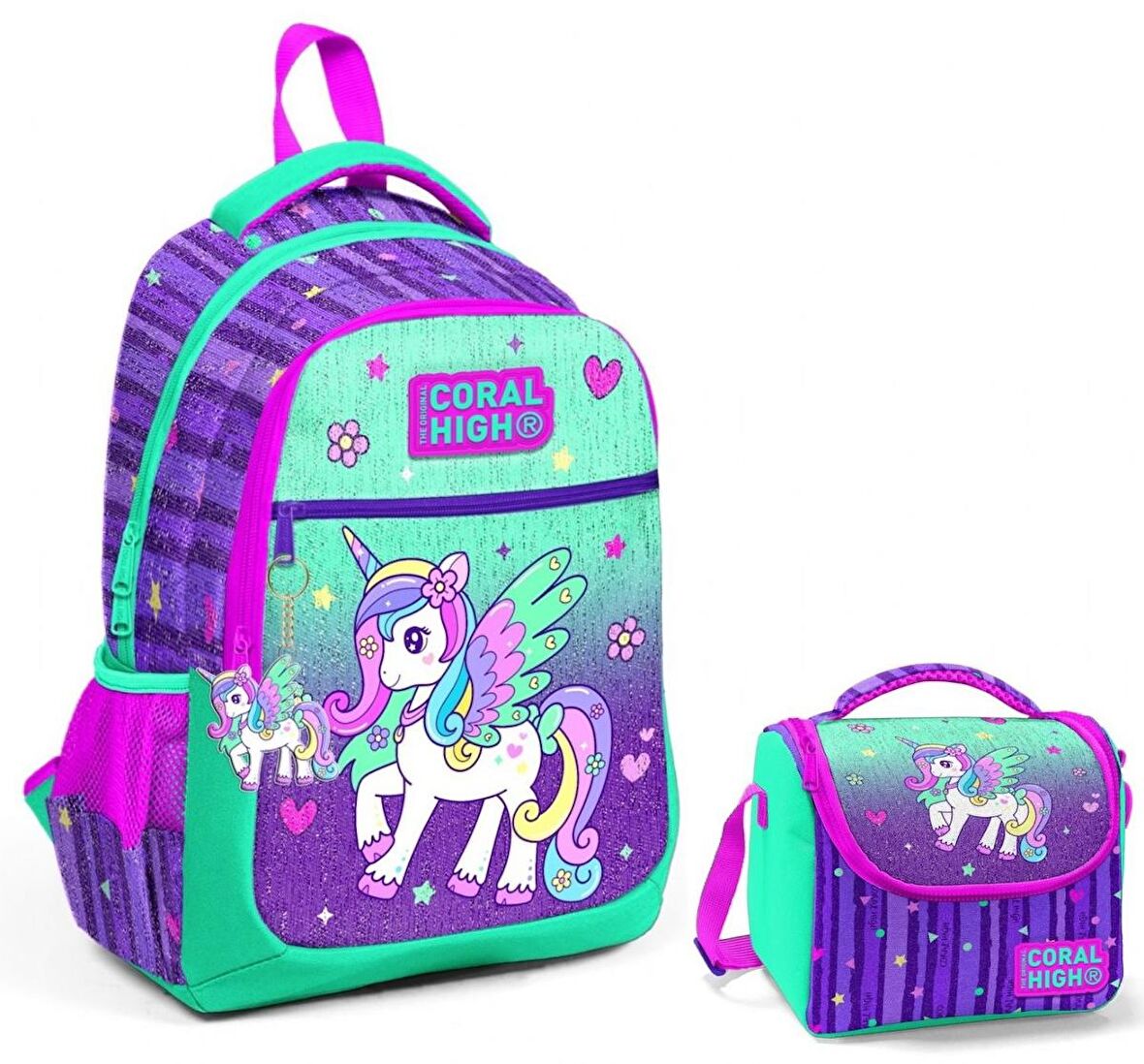 Coral High Yeşil Mor Pegasus Okul Sırt ve Beslenme Çantası Seti - Kız Çocuk