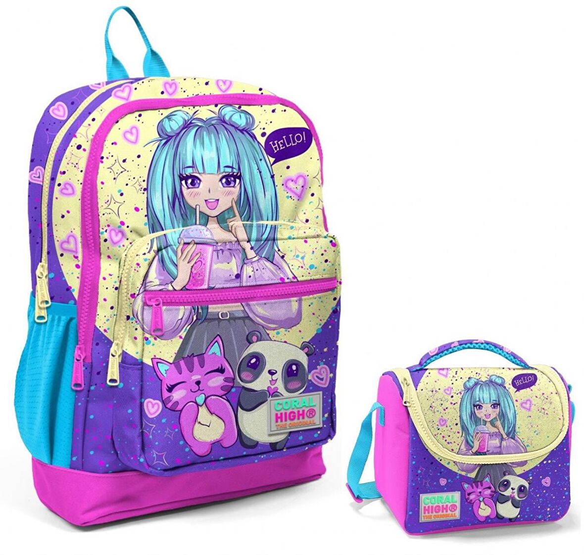 Coral High Mor Pembe Anime Okul Sırt ve Beslenme Çantası Seti