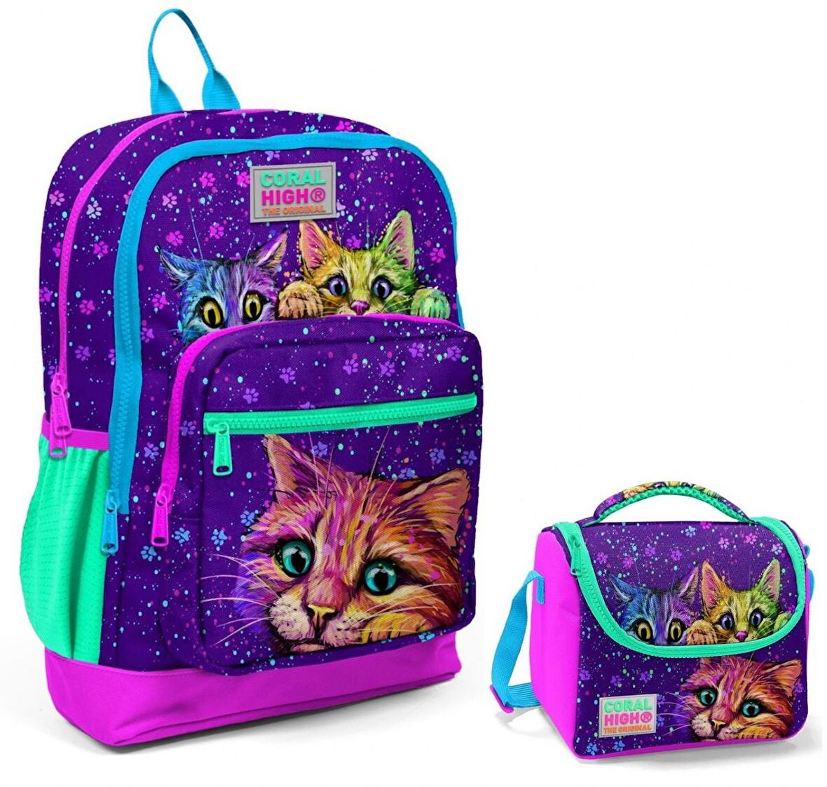 Coral High Mor Kedi Okul Sırt ve Beslenme Çantası Seti
