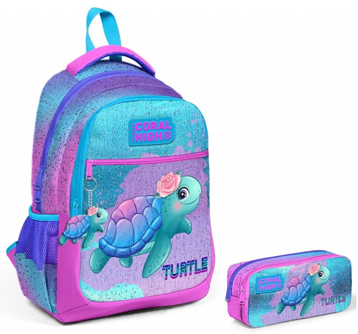 Coral High Pembe Mavi Kaplumbağa İlkokul Ortaokul Sırt Çantası ve Kalemlik Seti