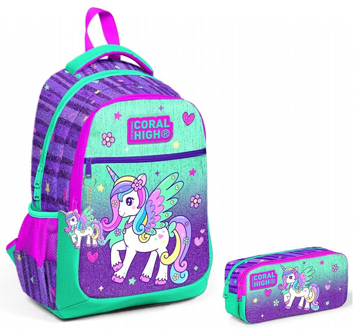 Coral High Yeşil Mor Pegasus İlkokul Okul Sırt Çantası ve Kalemlik Seti
