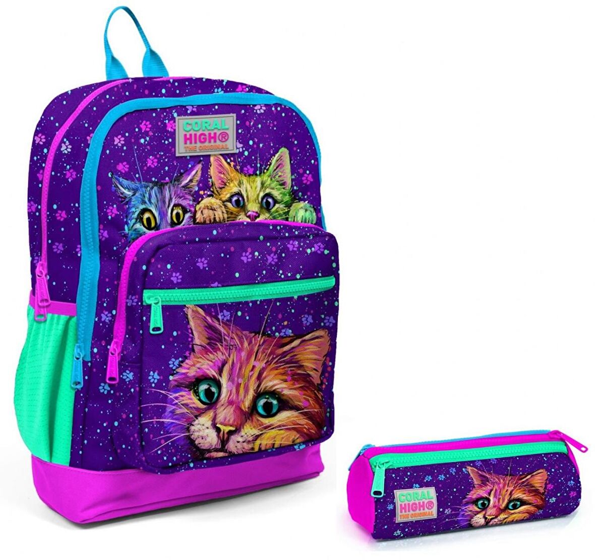 Coral High Mor Kedi İlkokul Sırt Çantası ve Kalemlik Seti