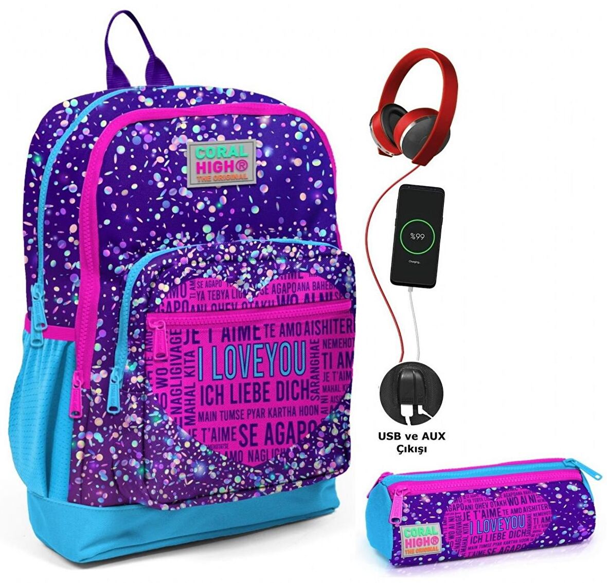 Coral High Mor Mavi Kalp USB Soketli Okul Çantası ve Kalemlik Seti - Kız Çocuk